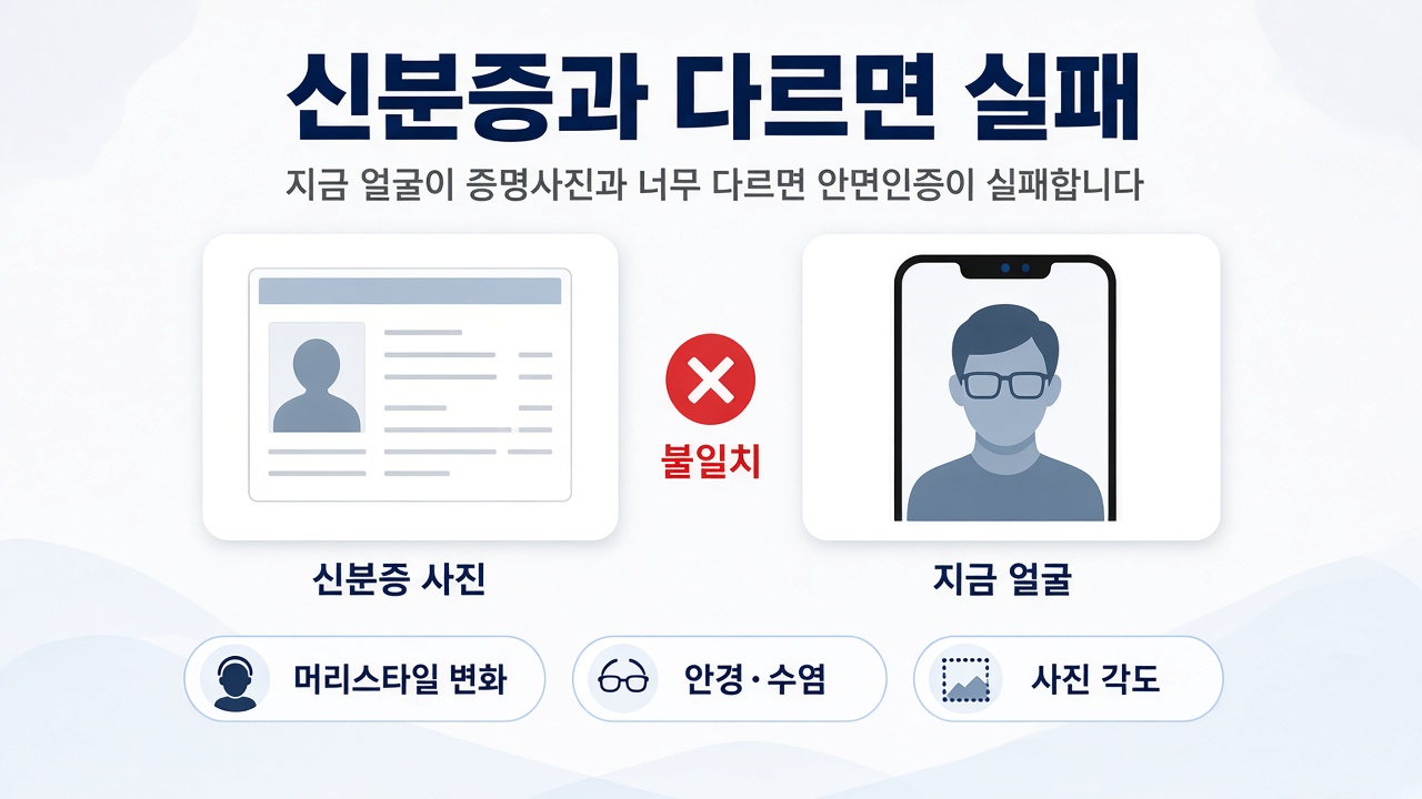신분증 사진과 지금 얼굴이 다르면 안면인증이 실패함